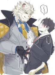  2boys absurdres animal_ears astosis_(live_a_hero) bad_tag bara black_gloves black_vest blush braid brown_hair coat coat_on_shoulders flustered gloves grey_jacket grey_pants grey_vest hand_on_another&#039;s_back high_collar highres izm_(izm_rm7) jacket lapels lion_boy lion_ears lion_mane lion_tail live_a_hero looking_at_another male_focus male_protagonist_(live_a_hero) multiple_boys muscular muscular_male necktie orange_necktie pants red_necktie short_hair signature smile tail thick_eyebrows upper_body vest wavy_mouth white_background white_fur white_hair yaoi 