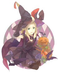  1girl ahoge argyle argyle_background arm_up bat_(animal) black_dress black_gloves black_thighhighs blonde_hair bravely_default:_flying_fairy bravely_default_(series) cape commentary_request dress edea_lee elbow_gloves frilled_dress frills gloves green_eyes halloween hat jack-o&#039;-lantern jpeg_artifacts long_hair looking_at_viewer pantyhose pointing pointing_up pumpkin purple_background round_image seiza shrie sitting solo thighhighs white_background witch witch_hat 