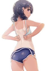 1girl back bare_arms bare_shoulders black_hair bra changing_clothes clothes_pull commentary_request competition_school_swimsuit from_behind fukumaru_koito highres hiroki_(yyqw7151) idolmaster idolmaster_shiny_colors looking_at_viewer looking_back medium_hair one-piece_swimsuit_pull one-piece_tan open_mouth panties purple_eyes removing_bra school_swimsuit shoulder_blades solo swimsuit tan tanline thighs twintails underwear undressing unfastened white_background white_panties rating:Questionable score:73 user:danbooru