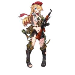  1girl ak-47_(girls&#039;_frontline) beret blonde_hair blue_eyes blush boots breasts bullet d; explosive full_body girls&#039;_frontline gloves glycyrrhizae grenade gun hammer_and_sickle hat long_hair looking_at_viewer magazine_(weapon) official_art one_eye_closed open_mouth rifle scarf shorts solo tattoo torn_clothes torn_shorts transparent_background weapon 