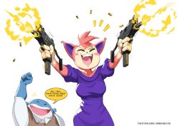  1boy 1girl animal_ears artist_name breasts cat closed_eyes creatures_(company) dress english_text fangs game_freak gen_3_pokemon gun highres holding holding_weapon large_breasts machine_gun mleth nintendo open_mouth pink_fur pokemon purple_dress shirt skitty smile speech_bubble t-shirt teeth upper_teeth_only vest wailord weapon whale white_background 
