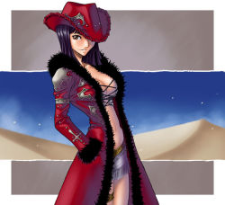 1girl alabasta breasts cleavage coat cowboy_hat female_focus fringe_trim fur_trim hands_in_pockets hat hat_over_one_eye jacket kagami_hirotaka lace_up_front large_breasts long_coat long_hair looking_at_viewer midriff navel nico_robin nico_robin_(alabasta) one_piece open_clothes open_jacket parted_lips red_jacket sand skirt solo thigh_strap rating:Sensitive score:32 user:danbooru