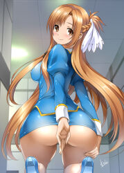  1girl absurdres agent_aika aika_(series) ascot ass asuna_(sao) asuna_(stacia) blue_delmo blue_delmo_(cosplay) blue_footwear blue_jacket blue_skirt blush braid breasts brown_eyes brown_hair clothes_lift commission cosplay covered_erect_nipples covering_ass covering_privates crossover french_braid hair_ornament high_heels highres indoors jacket long_hair medium_breasts mitarashi_kousei panties panty_peek signature skeb_commission skirt skirt_lift smile solo squatting sword_art_online sword_art_online:_alicization sword_art_online:_alicization_-_war_of_underworld taut_clothes underwear uniform very_long_hair white_panties 
