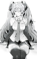  1girl absurdres bare_shoulders breasts collared_shirt detached_sleeves greyscale hair_between_eyes hatsune_miku highres large_breasts long_hair looking_at_viewer microphone miniskirt monochrome necktie niwarhythm shirt sitting skirt smile solo thick_thighs thighhighs thighs twintails very_long_hair vocaloid  rating:Sensitive score:12 user:danbooru