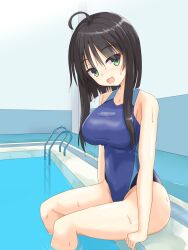  1girl :d ahoge alternate_costume arms_at_sides bare_arms blue_one-piece_swimsuit blunt_ends breasts commentary_request competition_swimsuit curvy eyes_visible_through_hair feet_out_of_frame green_eyes hair_between_eyes happy highleg highleg_swimsuit highres hitachi_mako impossible_clothes indoors large_breasts looking_at_viewer one-piece_swimsuit open_mouth pool poolside ripples senren_banka shiny_skin shirayamakoma short_hair_with_long_locks smile soaking_feet solo swimsuit thighs tsurime water wet wet_clothes wet_hair wet_swimsuit 
