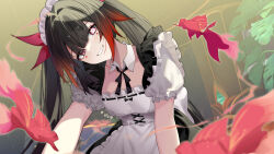  1girl alternate_costume apron black_dress black_hair black_ribbon blunt_bangs bow chinese_commentary circle_facial_mark collar collarbone commentary_request cowboy_shot detached_collar dress eyeliner flower-shaped_pupils from_below grin hair_bow highres honkai:_star_rail honkai_(series) indoors koi light_blush long_hair looking_at_viewer maid maid_apron makeup mismatched_pupils multicolored_hair pov red_bow red_eyeliner red_eyes red_hair ribbon sidelocks smile solo sparkle_(honkai:_star_rail) srpzk streaked_hair symbol-shaped_pupils teeth twintails very_long_hair white_collar 