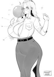 1girl ^^^ bangs_pinned_back belt breast_pocket breasts blowing_bubbles bursting_breasts chewing_gum clenched_hands commission cowboy_shot curvy earrings fingernails flying_button forehead glasses greyscale highres huge_breasts inne_sulistya_robin jewelry long_hair long_skirt monochrome no_bra norman_maggot original pocket popped_button rimless_eyewear shirt side_slit simple_background skirt solo standing stud_earrings sweat w_arms wardrobe_malfunction yellow_background rating:Questionable score:65 user:danbooru