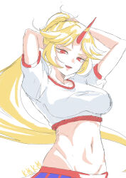  0002koko 1girl :d absurdres arms_behind_head arms_up blonde_hair blush_stickers breasts commentary_request crop_top demon_girl demon_horns eyelashes floating_hair groin highres horns hoshiguma_yuugi large_breasts long_hair looking_at_viewer looking_down midriff navel open_mouth parted_bangs ponytail red_eyes shirt simple_background smile solo stomach touhou tsurime upper_body very_long_hair white_background white_shirt 
