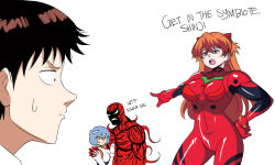  2boys 2girls :o angry ayanami_rei blue_eyes blue_hair breasts carnage_(marvel) color_connection crossover english_text hand_on_own_hip highres ikari_shinji large_breasts long_hair marvel multiple_boys multiple_girls neon_genesis_evangelion orange_hair plugsuit pointing pointing_at_another souryuu_asuka_langley spider-man_(series) sweatdrop tina_fate white_background wide_hips  rating:Sensitive score:29 user:Miyuki_Lust