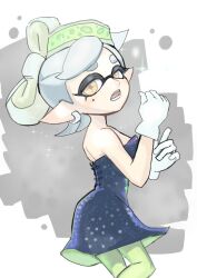 1girl bare_arms bare_shoulders black_dress bow-shaped_hair breasts dress earrings flipped_hair food food_on_head gloves green_pantyhose grey_hair half_updo highres hoop_earrings inkling jewelry marie_(splatoon) medium_breasts mole mole_under_eye nintendo object_on_head pantyhose pointy_ears short_dress solo splatoon_(series) strapless strapless_dress sushi swept_bangs tentacle_hair thick_eyebrows tombiham white_gloves yellow_eyes