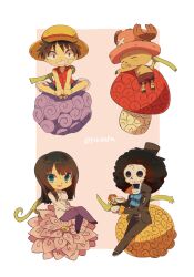  1girl 3boys afro antlers ascot black_hair blue_ascot blue_eyes blue_shorts blunt_bangs brook_(one_piece) chibi closed_eyes commentary_request cross crossed_legs cup devil_fruit hana_hana_no_mi hat highres holding holding_cup horns long_hair looking_at_viewer monkey_d._luffy multiple_boys nico_robin one_piece pants purple_pants red_shirt reindeer_antlers sandals shirt shorts skeleton sleeveless sleeveless_shirt smile straw_hat tokuura tony_tony_chopper 