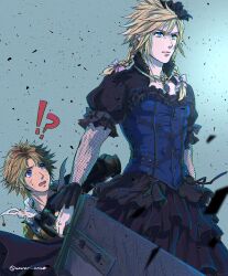  !? 2boys black_dress blonde_hair blue_corset blue_eyes blue_gemstone bow braid brown_hair buster_sword cloud_strife cloud_strife_(blue_dress) commentary_request confused corset crossdressing dirty dissidia_final_fantasy dress final_fantasy final_fantasy_vii final_fantasy_vii_remake final_fantasy_x fishnet_sleeves fishnets frilled_dress frills gem gradient_background hair_bow hair_over_shoulder high_collar highres holding holding_sword holding_weapon injury jewelry long_hair male_focus multiple_boys necklace open_mouth pendant pink_bow pink_lips puffy_short_sleeves puffy_sleeves red_gemstone serious shirt short_hair short_sleeves surprised sweatdrop sword tidus twin_braids upper_body warori_anne weapon white_shirt 