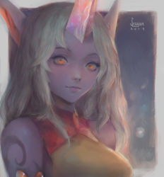 1girl armlet artist_name bad_id bad_pixiv_id colored_skin dated highres horns jewelry league_of_legends long_hair looking_at_viewer pointy_ears ponytail portrait purple_skin seuyan single_horn sleeveless solo soraka_(league_of_legends) tattoo very_long_hair white_hair yellow_eyes rating:Sensitive score:9 user:danbooru