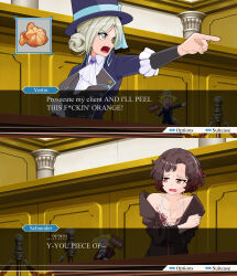  2girls ace_attorney artist_name ascot black_coat black_hair black_vest blue_bow boater_hat bow character_name coat collared_shirt courtroom dialogue_box doll dress english_text fake_screenshot feather_dress feather_hair_ornament feathers food fruit furrowed_brow grey_eyes grey_hair hair_bun hair_ornament hairband hand_on_own_arm hat hat_bow highres jenova_(crimsonedge) long_sleeves looking_to_the_side multiple_girls nervous nervous_sweating objection open_mouth orange_(fruit) orange_slice outstretched_arm parody pointing purple_brooch purple_coat purple_hat red_dress red_eyes reverse:1999 schneider_(reverse:1999) shirt short_hair shouting single_bare_shoulder single_off_shoulder single_side_bun square_mouth stanchion sweat upper_body user_interface vertin_(reverse:1999) vest waistcoat white_ascot white_hairband white_shirt 