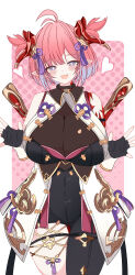  1girl absurdres ahoge blush breasts chichiri_(granblue_fantasy) draph fingerless_gloves gloves gradient_hair granblue_fantasy heart highres horns large_breasts londom_(lonhomewell) looking_at_viewer multicolored_hair pink_hair pointy_ears short_hair sleeveless smile solo weapon weapon_on_back 