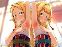  2girls absurdres armpits ayhan blonde_hair blue_sash blurry blurry_background blush braid commission dress elf eyebrows_hidden_by_hair full-face_blush fur-trimmed_dress fur_trim green_eyes green_sash highres long_hair looking_at_viewer multiple_girls namukot pixiv_commission pointy_ears presenting_armpit sash senai siblings signature sisters sleeveless sleeveless_dress smell spread_armpit steaming_body strapless strapless_dress symmetrical_pose the_frontier_lord_beings_with_zero_subjects twins upper_body v very_long_hair 