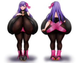  1girl ass bodystocking boots breasts character_sheet collar curvy fate/grand_order fate_(series) from_behind gigantic_breasts hair_ribbon high_heel_boots high_heels highres huge_ass long_hair o-ring o-ring_top passionlip_(fate) pink_eyes plump purple_eyes purple_hair ribbon sagging_breasts see-through smile superslyme wide_hips 