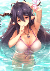1girl antenna_hair armpits bandages bikini black_hair breasts danua draph granblue_fantasy hair_between_eyes horn_ornament horns jewelry large_breasts long_hair looking_at_viewer necklace partially_submerged pointy_ears red_eyes ryouku side-tie_bikini_bottom solo standing swimsuit very_long_hair water rating:Sensitive score:7 user:danbooru