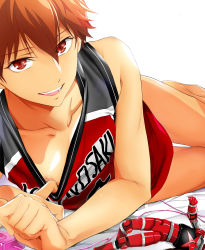  1boy basketball_uniform brown_hair clothes_pull ensemble_stars! highres jersey kei1_833 looking_at_viewer male_focus morisawa_chiaki no_pants open_mouth red_eyes sex_toy simple_background smile solo sportswear top_pull vibrator white_background  rating:Sensitive score:28 user:danbooru