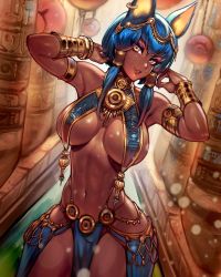  1girl ancient_egypt ancient_egyptian_clothes animal_ears banned_artist blue_hair breast_curtains breasts chain cowboy_shot dark-skinned_female dark_skin egyptian egyptian_clothes facial_mark gold_chain head_chain highres jackal_ears jewelry large_breasts nonsummerjack reiq revealing_clothes short_hair solo wide_hips yellow_eyes 