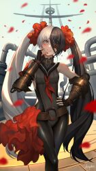  1girl :d absurdres arepko bare_shoulders belt black_bodysuit black_gloves black_hair blade_&amp;_soul bodysuit breasts buckle collar eyepatch feet_out_of_frame fingerless_gloves gloves grin hand_on_own_hip highres industrial_pipe long_hair looking_at_viewer multicolored_hair nail_polish neckerchief o-ring o-ring_belt one_eye_covered open_mouth parted_lips petals pohwaran red_nails red_neckerchief ship signature small_breasts smile solo standing two-tone_hair very_long_hair watercraft white_hair yellow_eyes 