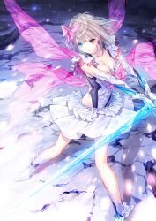 1girl 3: absurdres blonde_hair blue_eyes blue_reflection blue_reflection_(series) boots breasts brown_eyes cleavage elbow_gloves gloves glowing glowing_weapon heterochromia highres holding holding_weapon jewelry kishida_mel magical_girl medium_breasts necklace official_art pleated_skirt ribbon ring shirai_hinako short_hair skirt solo sword v-shaped_eyebrows weapon