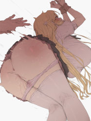  1girl anus ass bent_over blonde_hair blush bound bound_wrists breasts censored clothes_lift dutch_angle flower from_behind grey_background hair_flower hair_ornament handprint huge_breasts legs_together long_hair male_hand mdf_an mosaic_censoring motion_lines original panties panty_pull puffy_short_sleeves puffy_sleeves pussy_juice pussy_juice_trail restrained rolling_eyes school_uniform short_sleeves simple_background skirt skirt_lift slap_mark solo_focus spanked spanking striped_clothes striped_panties sweat thighhighs underwear white_background white_thighhighs  rating:Explicit score:332 user:creck