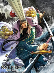  1boy aqua_suit beard closed_eyes closed_mouth coat coat_on_shoulders collared_coat commentary_request epaulettes facial_hair formal hat holding holding_sword holding_weapon long_beard male_focus multiple_swords mustache nijihayashi official_art one_piece one_piece_card_game pebble rain solo strawberry_(one_piece) suit sword weapon white_coat 