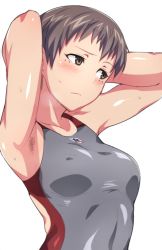 10s 1girl armpit_hair armpits arms_behind_head arms_up blush breasts brown_eyes collarbone competition_swimsuit covered_erect_nipples em_(totsuzen_no_hakike) facial_mark girls_und_panzer grey_hair light_frown looking_away medium_breasts naomi_(girls_und_panzer) one-piece_swimsuit short_hair simple_background solo star_(symbol) sweat swimsuit upper_body very_short_hair white_background rating:Sensitive score:61 user:danbooru