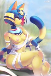  1girl animal_crossing animal_ears ankha_(animal_crossing) bandages blue_eyes blue_hair breasts cat_ears cat_girl cat_tail cleavage colored_skin egyptian egyptian_clothes furry hair_ornament highres lips multicolored_hair nintendo nipple_piercing nipples piercing short_hair sitting striped_tail tail tsampikos two-tone_hair whiskers yellow_skin  rating:Questionable score:57 user:GiovanniHunter