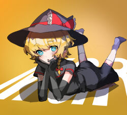  1girl black_capelet black_gloves black_hat black_shirt black_skirt blonde_hair blue_eyes blush bow braid bright_pupils capelet character_name commentary_request cookie_(touhou) elbow_gloves full_body gloves hair_between_eyes hair_bow hands_on_own_cheeks hands_on_own_face hat hat_bow head_rest highres kirisame_marisa looking_at_viewer lying medium_bangs meguru_(cookie) on_stomach open_mouth red_bow shirt short_hair single_braid skirt solo the_pose thick_eyebrows tirano_tenchou touhou white_pupils witch_hat yellow_background 