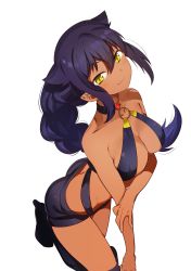  16:9 1girl :3 absurdres arched_back artist_request ass bikini bikini_top_only black_footwear boots braid breasts cleavage closed_mouth collarbone dark-skinned_female dark_skin from_above gem hair_flaps halterneck hand_on_own_arm highres jahy jahy-sama_wa_kujikenai! long_hair looking_at_viewer looking_up medium_breasts o-ring o-ring_bikini o-ring_top purple_bikini purple_hair purple_shorts shorts sidelocks simple_background single_braid solo swimsuit thigh_boots thighhighs thighs v-shaped_eyebrows very_long_hair white_background 