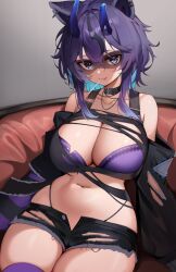  1girl animal_ears bare_shoulders black_choker black_shorts blue_eyes blue_hair breasts choker cleavage closed_mouth collarbone commentary english_commentary highres horns indie_virtual_youtuber kaptivate large_breasts long_sleeves looking_at_viewer medium_hair micro_shorts mole mole_under_eye navel off_shoulder purple_thighhighs raccoon_girl shorts sitting snuffy_(vtuber) snuffy_(vtuber)_(smilfy_2.0) solo thighhighs thighs torn_clothes torn_shorts torn_sleeves virtual_youtuber  rating:Sensitive score:102 user:danbooru