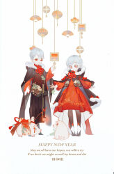  1boy 1girl absurdres black_cloak black_pantyhose black_ribbon boar bright_pupils chinese_new_year chinese_zodiac cloak dress english_text flower hand_fan hanging_lantern happy_new_year highres hood hooded_cloak mingweiban new_year original pale_skin pantyhose paper_fan personification pig plum_blossoms red_dress red_eyes rhyme ribbon short_hair smile white_background white_hair white_pupils year_of_the_pig 