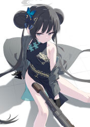  1girl black_dress black_gloves black_hair blue_archive breasts butterfly_hair_ornament closed_mouth coat double_bun dragon_print dress feet_out_of_frame gloves gotyou grey_coat grey_eyes grey_halo gun hair_bun hair_ornament halo highres holding holding_gun holding_weapon kisaki_(blue_archive) long_hair long_sleeves looking_at_viewer open_clothes open_coat sitting small_breasts solo striped_clothes striped_coat twintails vertical-striped_clothes vertical-striped_coat weapon 
