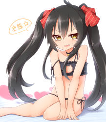  1girl bare_legs bare_shoulders barefoot black_bra black_panties blush bra breasts cat_lingerie cleavage cleavage_cutout clothing_cutout collarbone fang frilled_bra frills grey_hair heart highres idolmaster idolmaster_cinderella_girls kisa_(k_isa) long_hair looking_at_viewer matoba_risa meme_attire open_mouth panties red_ribbon ribbon sitting small_breasts solo translation_request twintails underwear white_background yellow_eyes 