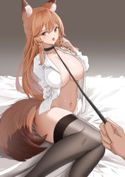 1girl absurdres animal_ear_fluff animal_ears arknights arm_behind_back bdsm bed_sheet black_thighhighs blush bondage bottomless bound breasts brown_background brown_eyes brown_hair cleavage collar collarbone feet_out_of_frame fox_ears fox_girl fox_tail franka_(arknights) gradient_background heart heart-shaped_pupils highres holding lahz52 large_breasts leash long_hair long_sleeves looking_at_viewer naked_shirt navel on_bed open_clothes open_mouth open_shirt pov reclining shirt slave solo_focus stomach symbol-shaped_pupils tail thighhighs tongue tongue_out very_long_hair viewer_holding_leash white_shirt rating:Questionable score:64 user:danbooru