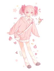  1girl :d alternate_costume bag black_footwear bow cake cake_slice candy cardigan commentary flower_(symbol) food full_body hair_bow heart highres ice_cream ice_cream_cone kaname_madoka long_sleeves looking_at_viewer mahou_shoujo_madoka_magica mahou_shoujo_madoka_magica_(anime) neckerchief notice_lines open_mouth pink_bow pink_cardigan pink_eyes pink_hair pink_neckerchief pocket risheng_yueyin short_hair short_twintails shoulder_bag simple_background skirt smile socks solo sparkle standing star_(symbol) symbol-only_commentary twintails white_background white_skirt white_socks 