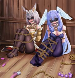  2girls anal_beads animal_ear_fluff animal_ears ball_gag blindfold blue_hair bound breasts captured cleavage dildo gag gagged grey_hair head_wings melia_antiqua multiple_girls nia_(xenoblade) rope sex_toy vibrator wings xenoblade_chronicles_(series) xenoblade_chronicles_3 