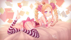  10s 1girl absurdres artist_name ass barefoot beatrice_(re:zero) bed black_thighhighs blonde_hair book bra breasts bug butterfly butterfly-shaped_pupils cameltoe corset crown drill_hair feet frilled_panties frilled_ribbon frills garter_straps highres insect lace lace-trimmed_legwear lace_trim lingerie loli long_hair looking_at_viewer looking_back lying mini_crown muttsuri_xiaomen no_shoes on_bed on_stomach open_book panties pink_panties pink_ribbon re:zero_kara_hajimeru_isekai_seikatsu ribbon signature small_breasts smile solo striped_clothes striped_ribbon striped_thighhighs symbol-shaped_pupils thighhighs thighs toes twintails underwear white_bra white_ribbon white_thighhighs  rating:Questionable score:192 user:danbooru