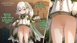  1girl 3d blender_(medium) blush censored cleft_of_venus clothes_lift dark-skinned_male dark_skin dialogue_box english_text female_focus flat_chest genshin_impact gradient_hair green_eyes highres mihoyo indoors loli looking_at_viewer lower_body mihoyo mosaic_censoring multicolored_hair multiple_views nahida_(genshin_impact) pastapaprika pussy pussy_peek showing_off side_ponytail skirt skirt_lift smile standing text_focus thighs white_hair zooming_in  rating:Explicit score:243 user:PastaPaprika