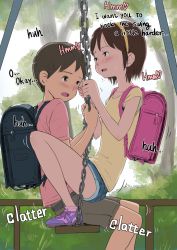  1boy 1girl assertive_female backpack bag blue_shorts blush brown_eyes brown_hair brown_shorts child_on_child commentary_request english_text engrish_text grinding_over_clothes highres legs li_(lithium0522) loli looking_at_another open_mouth original outdoors pink_footwear pink_shirt randoseru ranguage shirt shoes short_shorts shorts shota sitting sitting_on_lap sitting_on_person stealth_sex straddling swing t-shirt upright_straddle yellow_shirt  rating:Questionable score:1083 user:danbooru