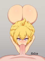  1boy 1girl absurdres ahoge all_fours artist_name ass blonde_hair blush dragonbreath fellatio from_above grey_background hetero highres huge_ass long_hair looking_at_viewer nude oral penis pov purple_eyes rwby uncensored yang_xiao_long  rating:Explicit score:103 user:JustHere4Butts
