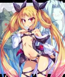 1girl :3 arm_belt bare_shoulders blazblue blonde_hair blush breasts cameltoe center_opening cleft_of_venus collar cosplay detached_collar detached_sleeves dizzy_(guilty_gear) dizzy_(guilty_gear)_(cosplay) gii guilty_gear hair_ribbon loli long_hair looking_at_viewer nago navel open_mouth puffy_sleeves rachel_alucard red_eyes revealing_clothes ribbon shiny_skin slit_pupils small_breasts solo standing sweatdrop thigh_strap toraishi_666 twintails underboob wings rating:Questionable score:97 user:danbooru