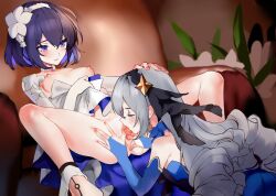2girls blue_hair blush breasts bridal_gauntlets bronya_zaychik bronya_zaychik_(herrscher_of_reason) closed_mouth cunnilingus drill_hair earrings fingering grey_hair hair_between_eyes hairband hand_on_another&#039;s_head highres honkai_(series) honkai_impact_3rd jewelry long_hair mie_xing multiple_girls nipples oral purple_eyes pussy pussy_juice quad_drills seele_vollerei short_hair small_breasts spread_legs tongue tongue_out uncensored vaginal white_hairband yuri rating:Explicit score:103 user:danbooru