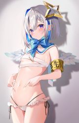  1girl amane_kanata angel_wings blue_bow blue_eyes blue_hair blush bow breasts closed_mouth colored_inner_hair gradient_background grey_background grey_hair highres hololive looking_at_viewer multicolored_hair navel sarashi satoupote shadow short_hair small_breasts solo star_(symbol) thighs two_side_up virtual_youtuber white_background white_wings wings  rating:Questionable score:68 user:danbooru
