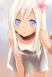 10s 1girl bad_id bad_twitter_id blonde_hair blue_eyes breasts downblouse kantai_collection leaning_forward long_hair nipple_slip nipples one-piece_tan open_mouth ro-500_(kancolle) sakiryo_kanna shirt_slip small_breasts solo tan tanline rating:Questionable score:54 user:danbooru