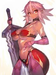  .hack// .hack//games 1girl :o adapted_costume black_rose_(.hack//) breasts curvy dark-skinned_female dark_skin fumio_(rsqkr) gauntlets gloves highres holding holding_weapon huge_weapon large_breasts looking_at_viewer navel pantyhose pink_gloves pink_hair red_eyes short_hair solo sword thong weapon white_hair wide_hips  rating:Sensitive score:53 user:danbooru