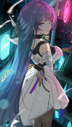  1girl armpit_crease black_bow black_choker black_pantyhose blue_eyes bow breasts bright_pupils choker cityscape closed_mouth commentary_request cowboy_shot detached_sleeves dress earrings from_behind gloves hair_bow hair_intakes highres honkai_(series) honkai_impact_3rd jewelry large_breasts long_hair looking_at_viewer pantyhose purple_gloves purple_hair raiden_mei raiden_mei_(apho) sculp2 smile solo standing very_long_hair white_dress white_pupils white_sleeves 