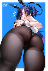  1girl absurdres alternate_costume animal_ears ass ass_focus bare_shoulders black_halo black_leotard black_pantyhose blue_archive blue_background blue_hair blush border breasts closed_mouth dush_1154 fake_animal_ears fake_tail from_below halo highres huge_ass large_breasts leotard looking_at_viewer mechanical_halo outside_border pantyhose playboy_bunny rabbit_ears rabbit_tail solo strapless strapless_leotard tail thick_thighs thighs torn_clothes torn_pantyhose triangle_hair_ornament two_side_up white_border white_wrist_cuffs wrist_cuffs yuuka_(blue_archive) 